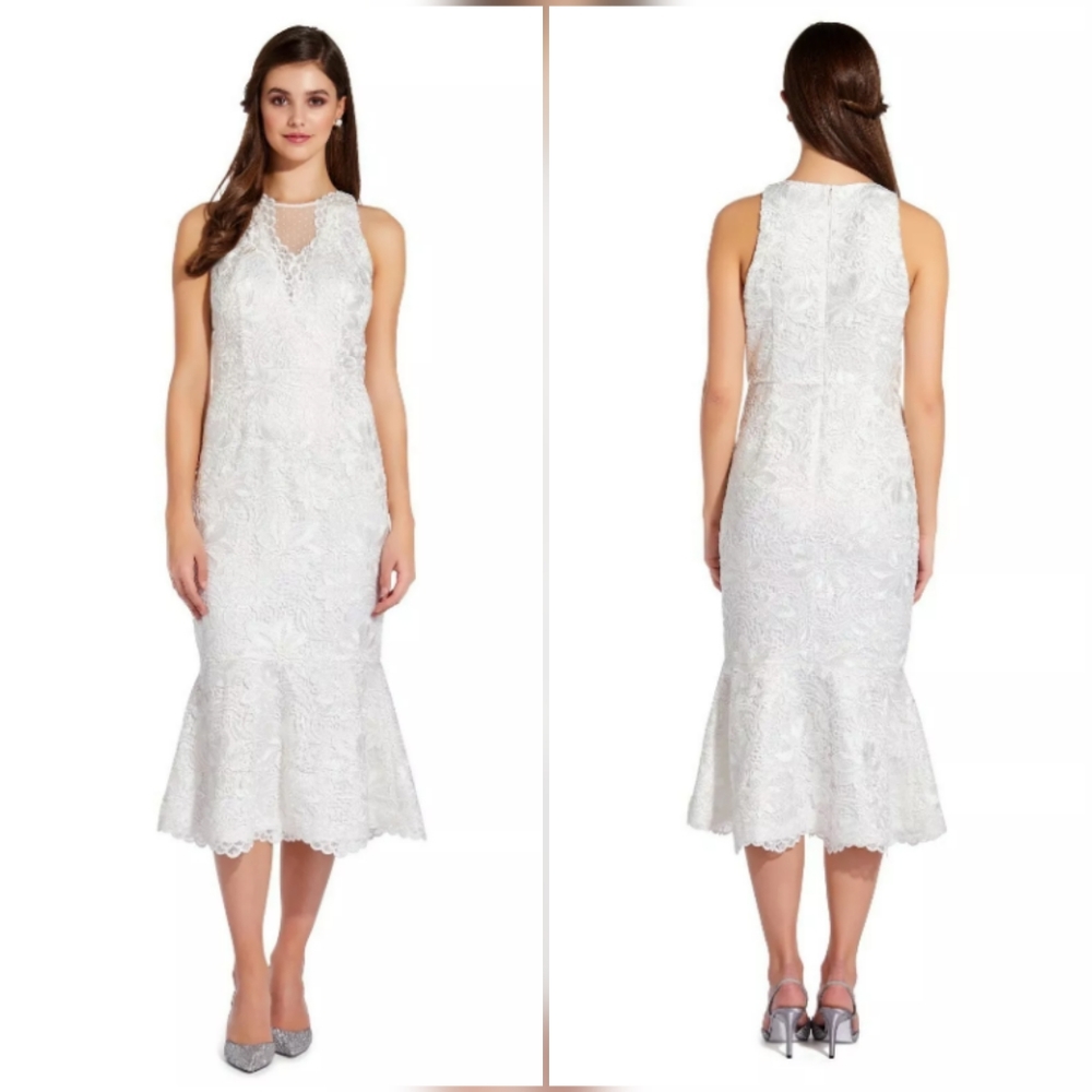 ADRIANNA PAPELL Guipure Midi Flounce Dress